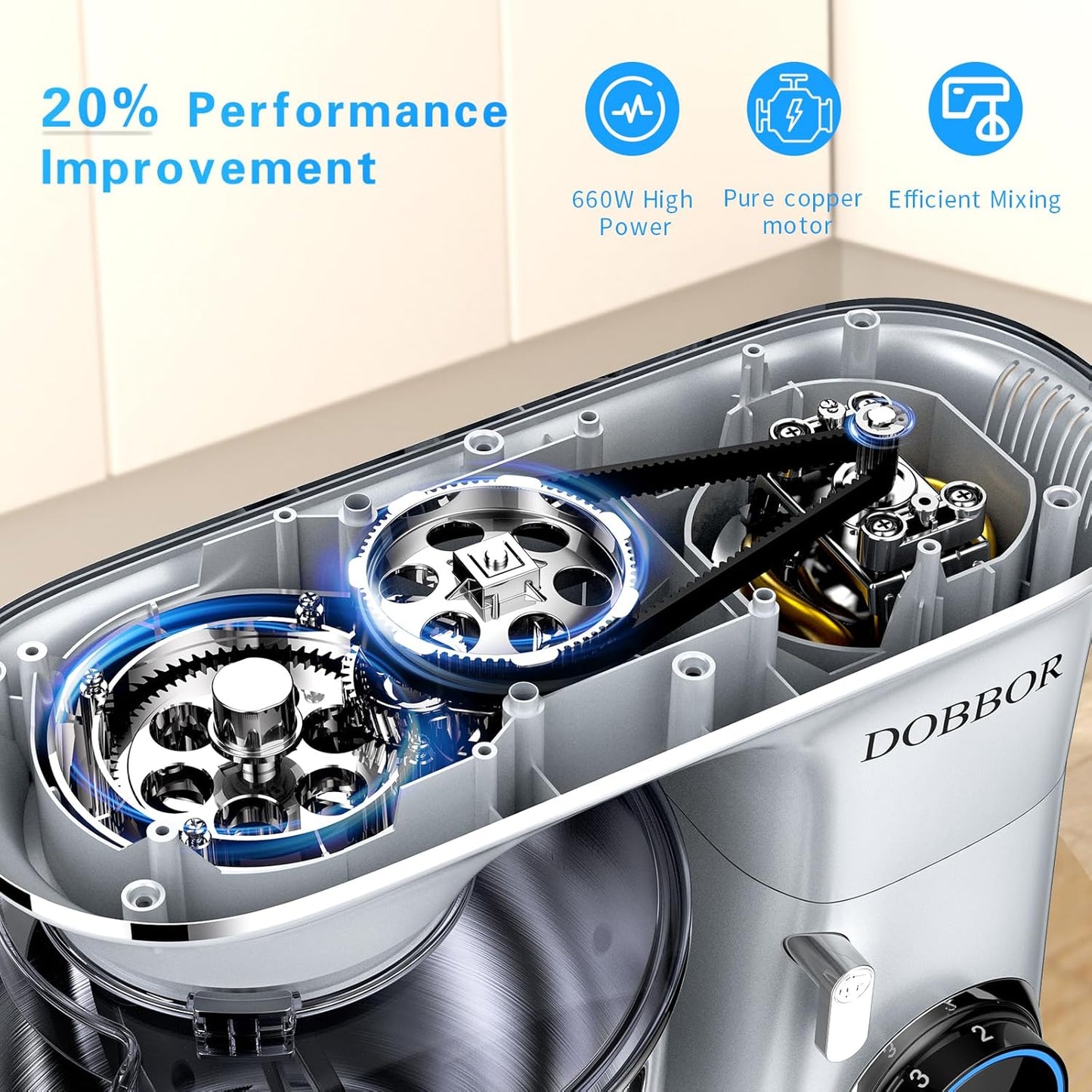 DOBBOR Electric Stand mixer, 9.5QT 660W 6 Speeds Tilt-Head Dough Mixers, Bread Mixer with Dough Hook, Whisk, Beater, Splash Guard for Baking Bread, Cake, Cookie, Pizza, Muffin, Salad and More - Sliver