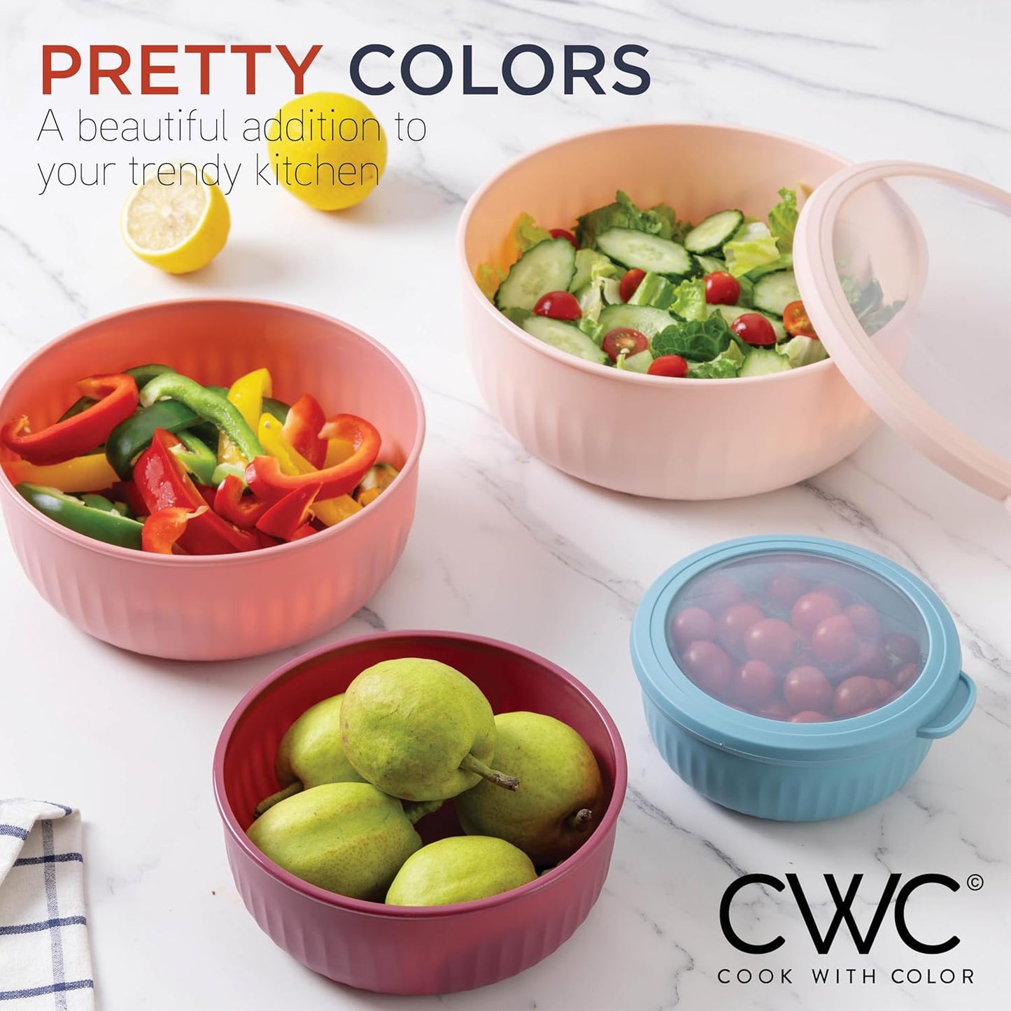 COOK WITH COLOR Prep Bowls with Lids- Wide and Deep Nesting Plastic Small Mixing Bowl Set with Lids, 12 Piece Set - Wide Bowls, Navy