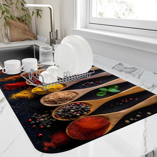 Dish Drying Mat Colorful Spices Herbs Kitchen Mat 12"x19" Bsorbent Coffee Maker Mat for Dishes,Utensils Coffee Maker Pots and Pans Easy Clean Dish Slip Resistant Pad