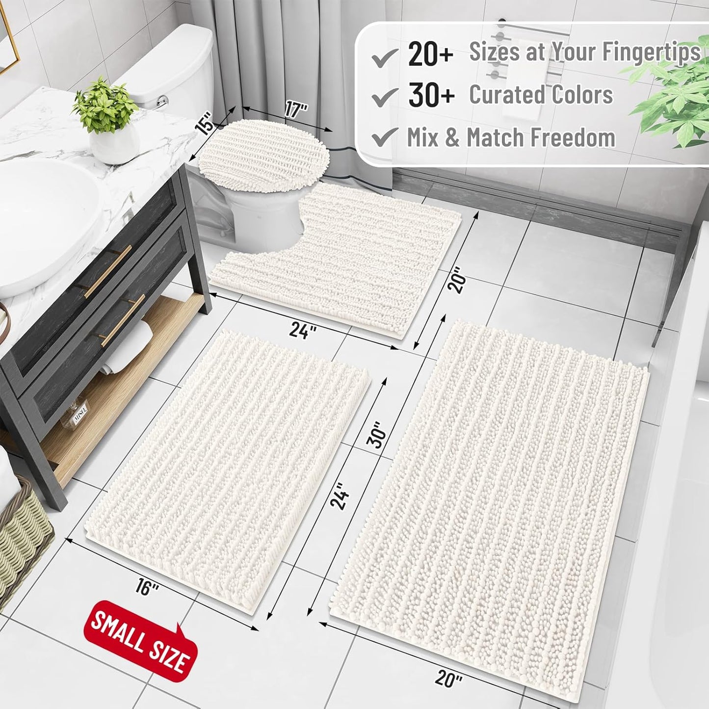 Arotive Luxury Chenille Bathroom Rug Mat, Extra Soft Thick Absorbent Shaggy Bath Rugs, Non-Slip Machine Wash Dry, Plush Bath Mats for Bathroom, Shower and Tub, 54x24, Ivory