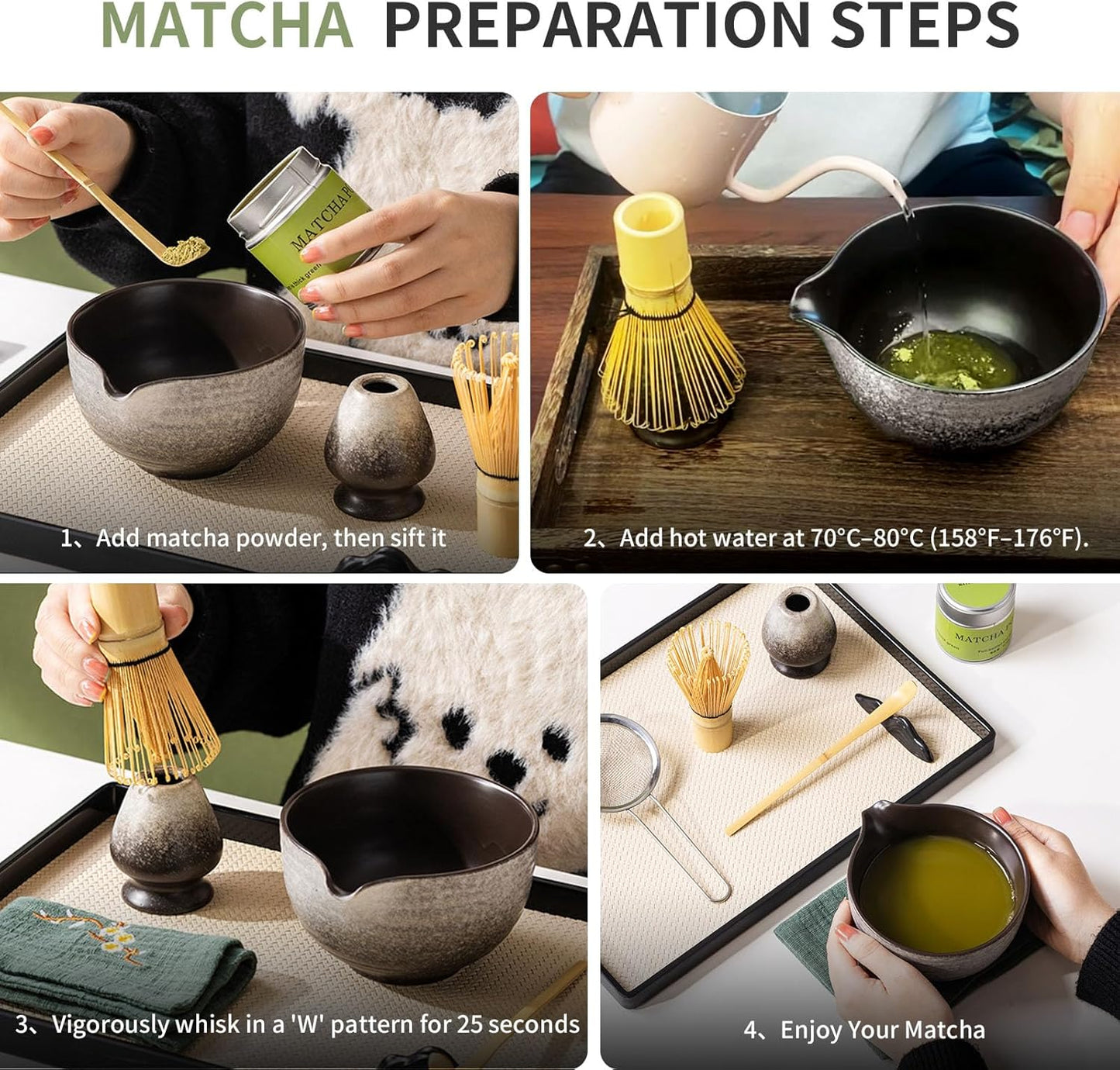 Matcha Whisk Set,Matcha Set Includes Ceramic Bowl with Spout,Stainless Sifter,Scoop,Whisk and Holder,Complete 5 Pcs Japanese Matcha Kit Making Tools,White