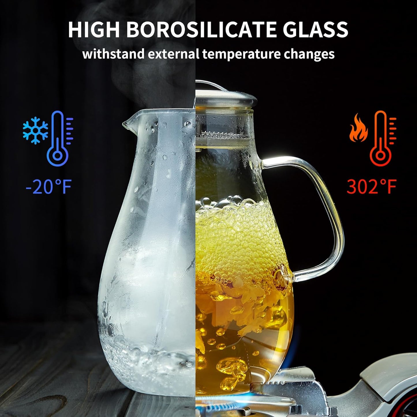 2000ML/68OZ Glass Pitchers with Lid for Hot and Cold Drinking, Heat Resistant Borosilicate Glass Pitcher for Tea, Juice, Milk, Cold Hot Beverages
