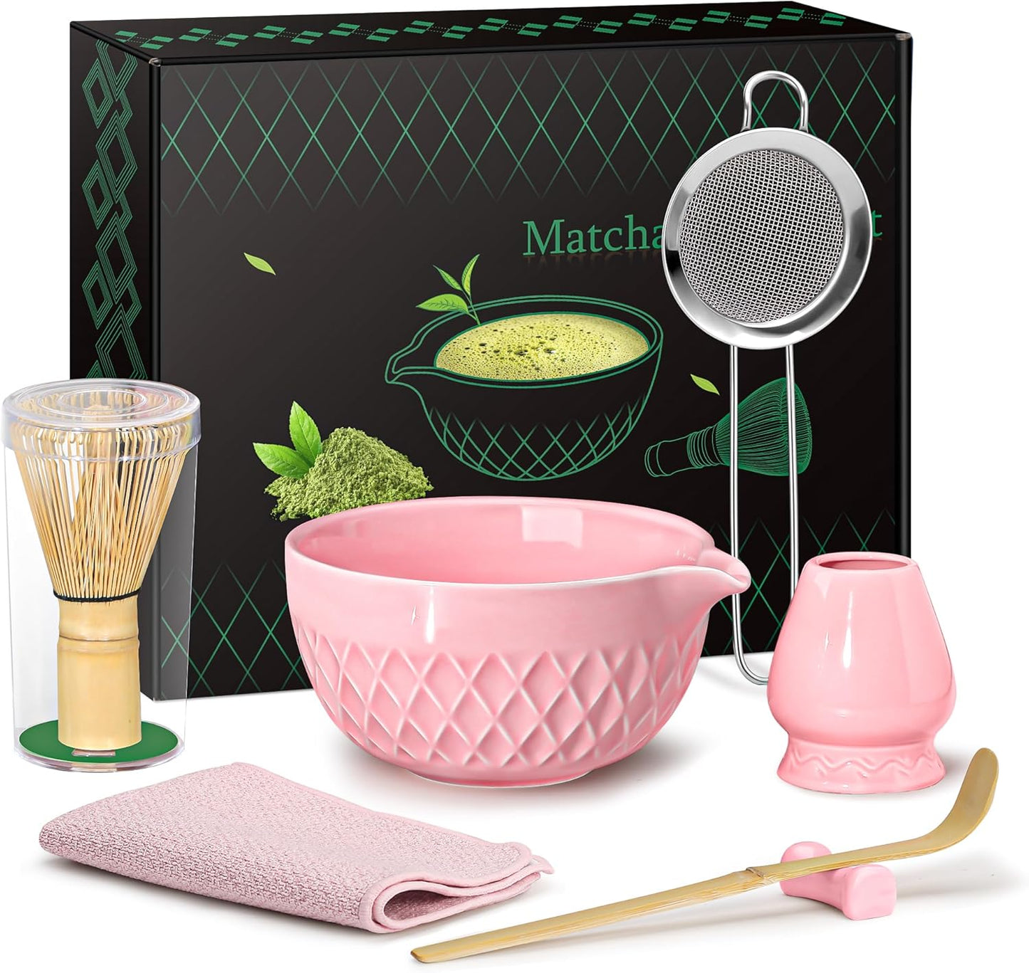 Matcha Whisk Set, 7 Pcs Matcha Kit, Ceramic Matcha Set Includes Matcha Bowl with Spout, Matcha Whisk and Holder, Bamboo Scoop, Scoop Rest, Sifter and Tea Towel (Cherry Blossom Pink)