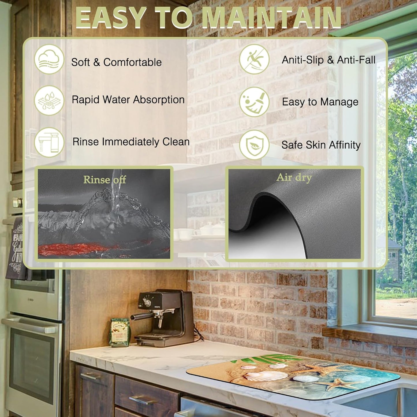 Dish Drying Mat Summer Beach Starfish Seashell Kitchen Mat 12"x19" Bsorbent Coffee Maker Mat for Dishes,Utensils Coffee Maker Pots and Pans Easy Clean Dish Slip Resistant Pad