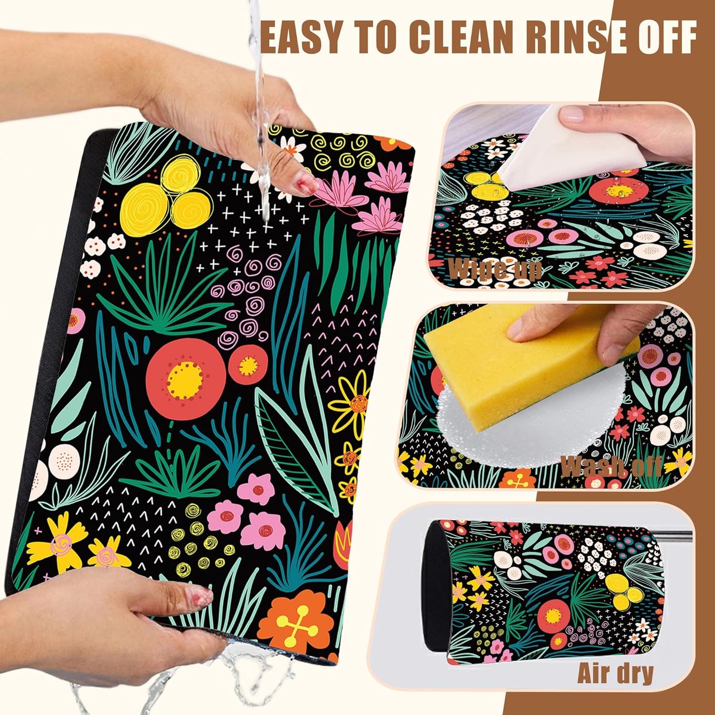 Dish Drying Mat Doodle Flower Meadow Coffee Bar Mat for Countertop Absorbent Rubber Backed Hide Stain Dish Drainer Rack Pad Coffee Pot Espresso Machine Dining Room Decoration 11.8 x 19.7 Inch