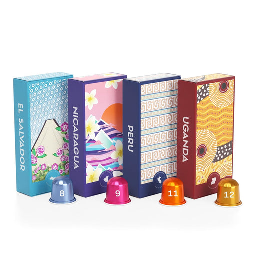 Atlas Coffee Club Espresso Pods Compatible with Nespresso Original– All Roast Variety Pack (40 Count)– Aluminum Capsules from El Salvador, Nicaragua, Peru & Uganda– Intensity 8-12