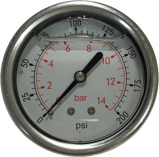 PneumaticPlus LFSB25-200 Liquid Filled Pressure Gauge WOG- 1/4" NPT Back Mount - 2-1/2" Dial - 0 to 200 PSI