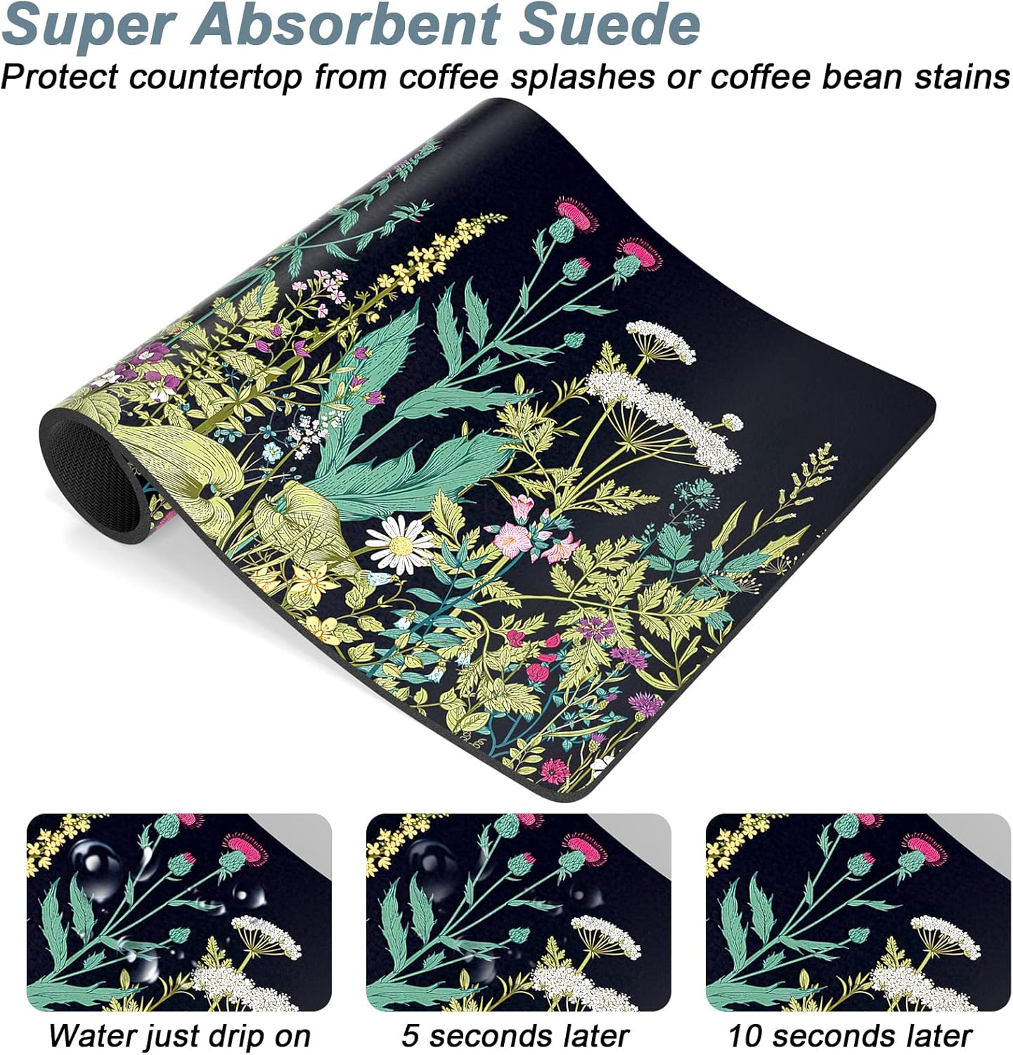 Rnivvi Coffee Mat, 16" x 24" Cute Flower Theme Coffee Bar Mats for Espresso Machine Station Accessories and Organizer, Hide Stain Rubber Backed Absorbent Dish Drying Pad for Kitchen Counter, Black