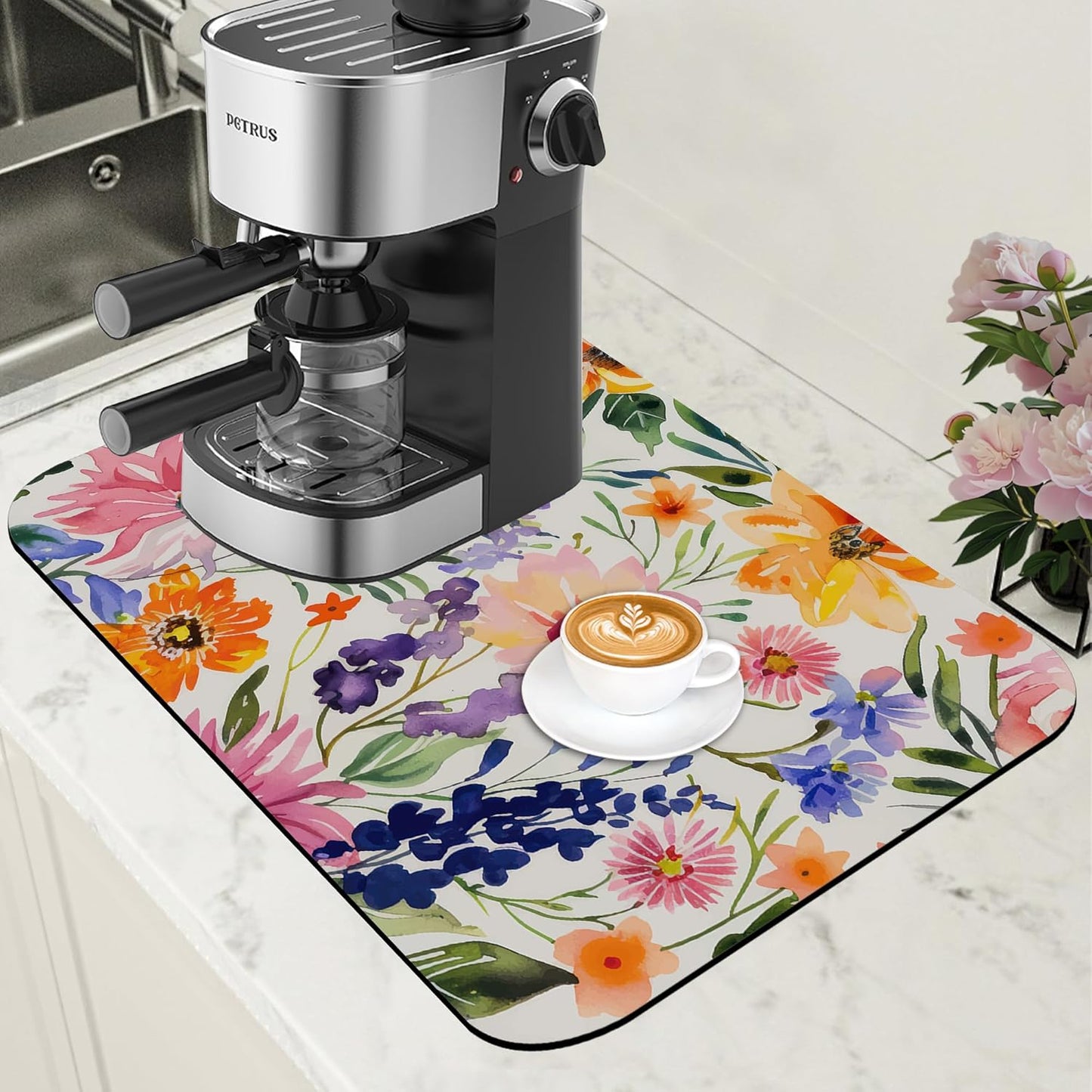 Dish Drying Mat Colorful Wildflowers Coffee Bar Mat for Countertop Absorbent Rubber Backed Hide Stain Dish Drainer Rack Pad Espresso Machine Cafe Table Dining Room Decoration 11.8 x 19.7 Inch