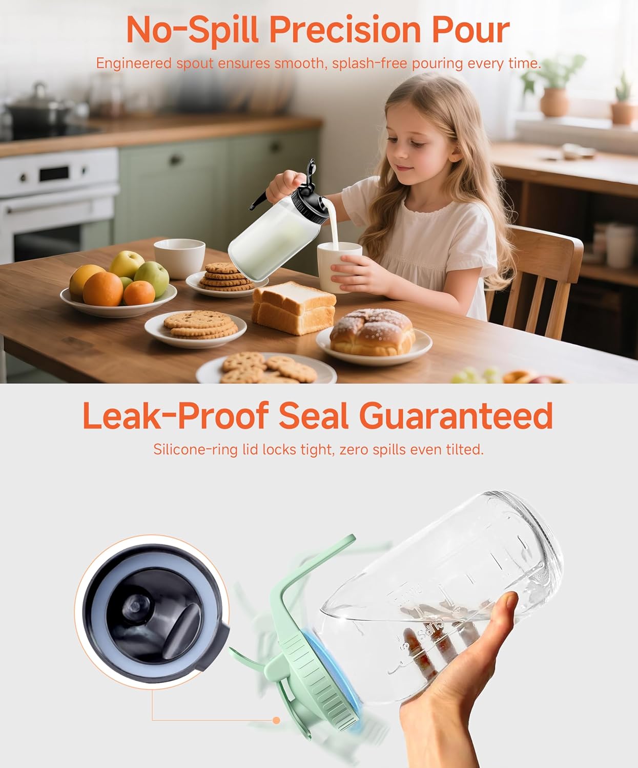 2 Quart Wide Mouth Glass Pitcher with Lid, 64oz Mason Jar Pitcher, Leak-proof Iced Tea Pitcher,Heavy Duty Container for Fridge Sweet Tea,Juice,Cold Brew Coffee,Breastmilk Storage Drinks-1PACK/Green