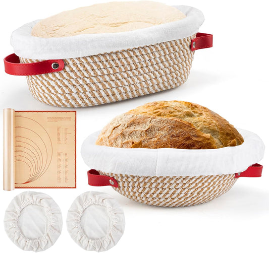 Banneton Bread Proofing Basket & Silicone Baking Mat Set, Oval & Round Sourdough Bread Baking Supplies Proofing Bowls with Liner & Cover Cotton Rope Sourdough Banneton Basket for Bread Making (Khaki)