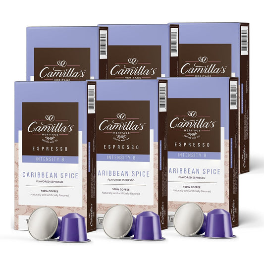 Camilla’s Heritage - Intensity 8 Caribbean Spice Flavored Espresso Coffee, Gourmet Espresso Cups, 60 Coffee Pods