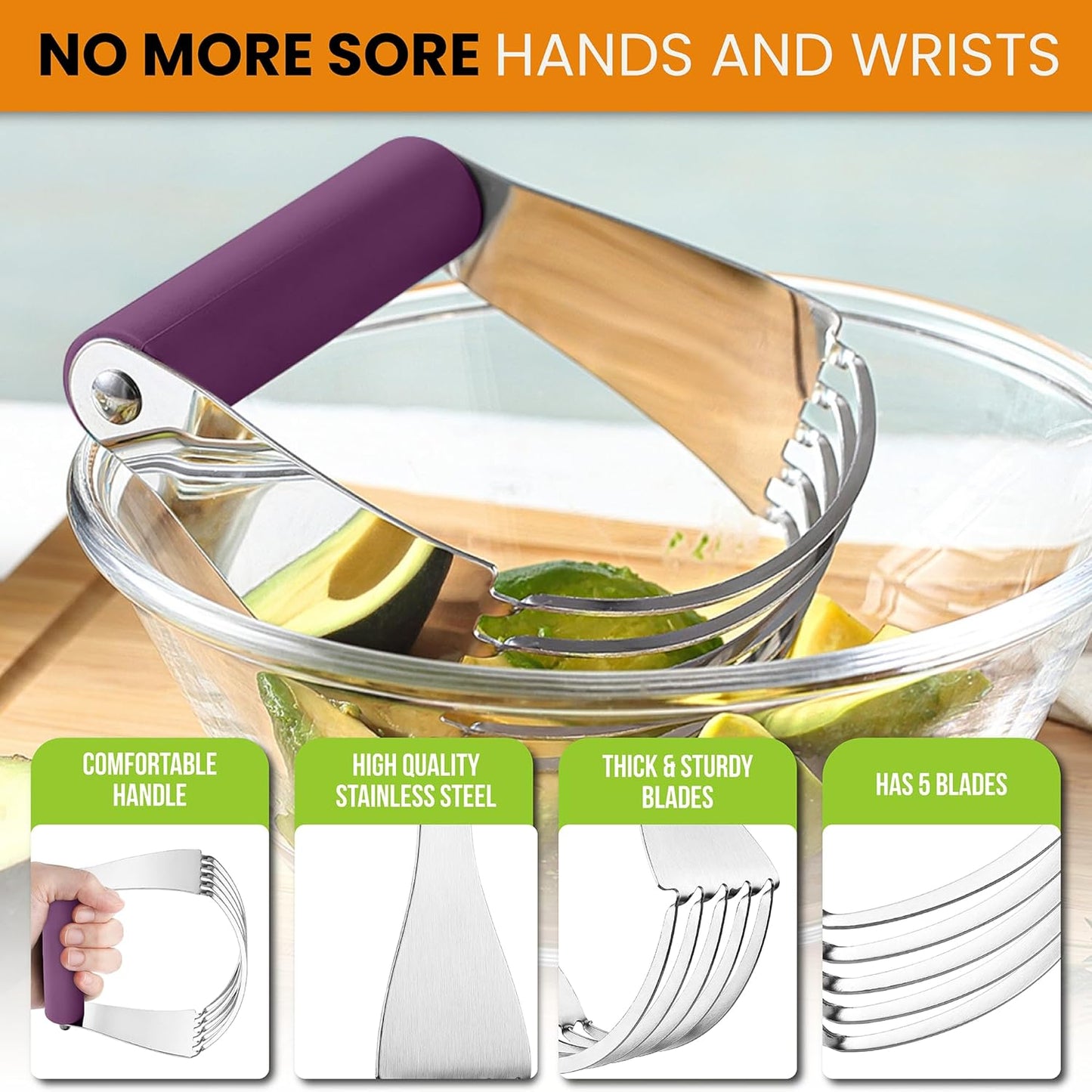 Spring Chef Large Purple Dough Blender For Baking, Heavy Duty Dough Cutter Tool, Stainless Steel Puff Pastry Cutter Tool with Sharp Blades, Dishwasher Safe Pastry Blender for Easy Mixing