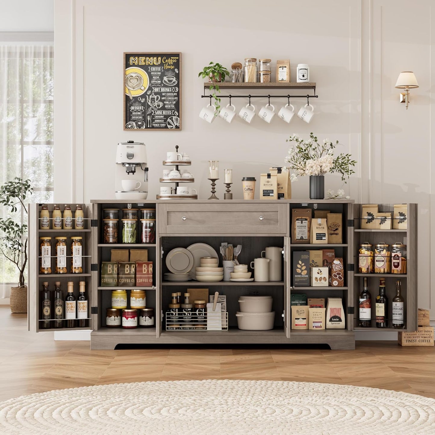 HITHOS 54" Buffet Cabinet with Storage, Modern Kitchen Buffet Sideboard with Drawer, Wood Coffee Bar Station with Adjustable Shelves, Kitchen Storage Cabinet for Living Room, Ash Grey