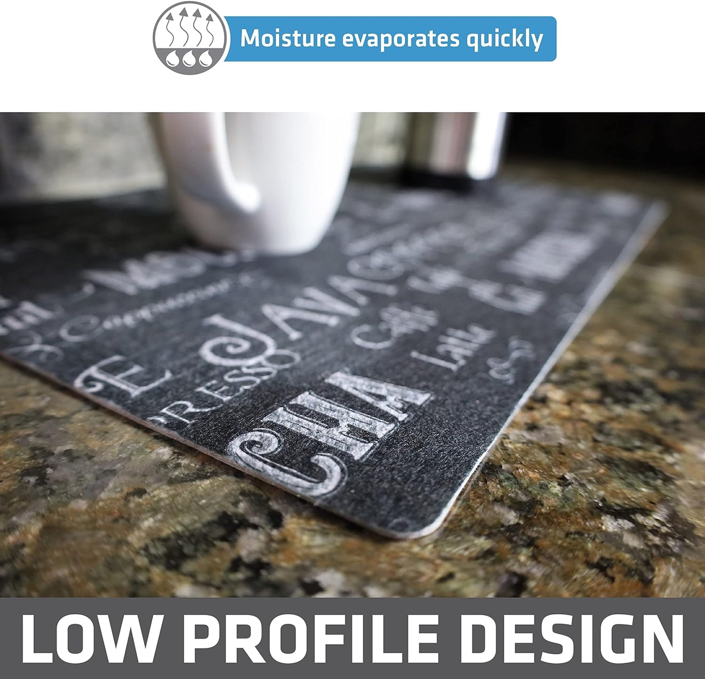 Drymate Coffee Maker Mat, (Coffee Station Bar Accessory) Protects Kitchen Countertops From Spills, Stains & Scratches, Absorbent, Waterproof, Washable (USA Made) (12” x 20”) (Java Chalkboard)