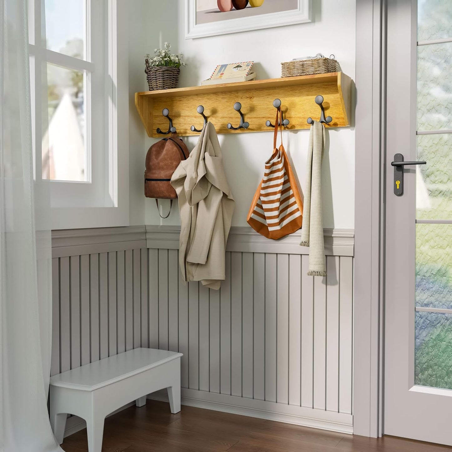 SKOLOO Wall Shelf with Hooks, 35-Inch Brown Coat Rack Wall Mount with Shelf Organizer - Lightweight & Sturdy, 5 Tri Hooks - Perfect for Entryway, Hallway, Living Room, Bedroom, Mudroom