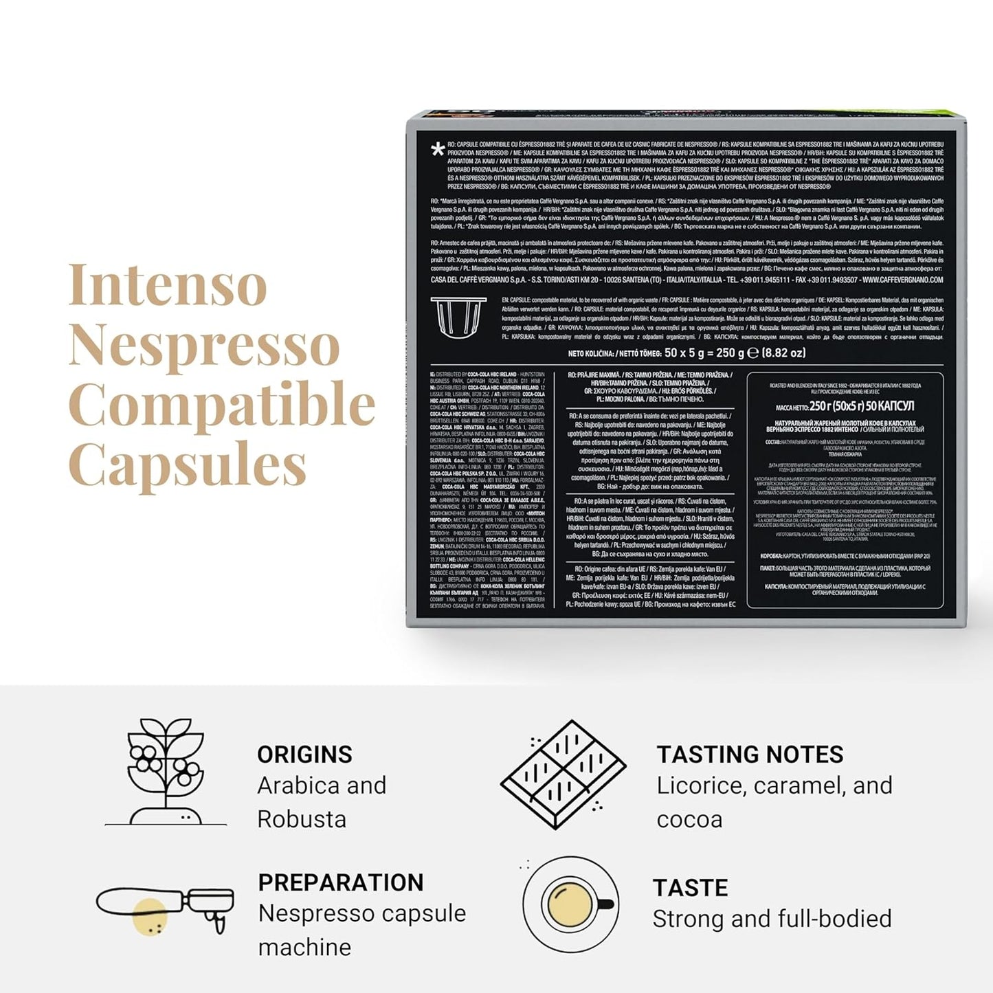 Caffe' Vergnano Medium Roast Espresso Bundle - Original Line Machine Compatible Arabica Robusta Italian Coffee For Nespresso Coffee Machines, Intenso & Napoli - 50 of Each Flavor (100 Capsules)
