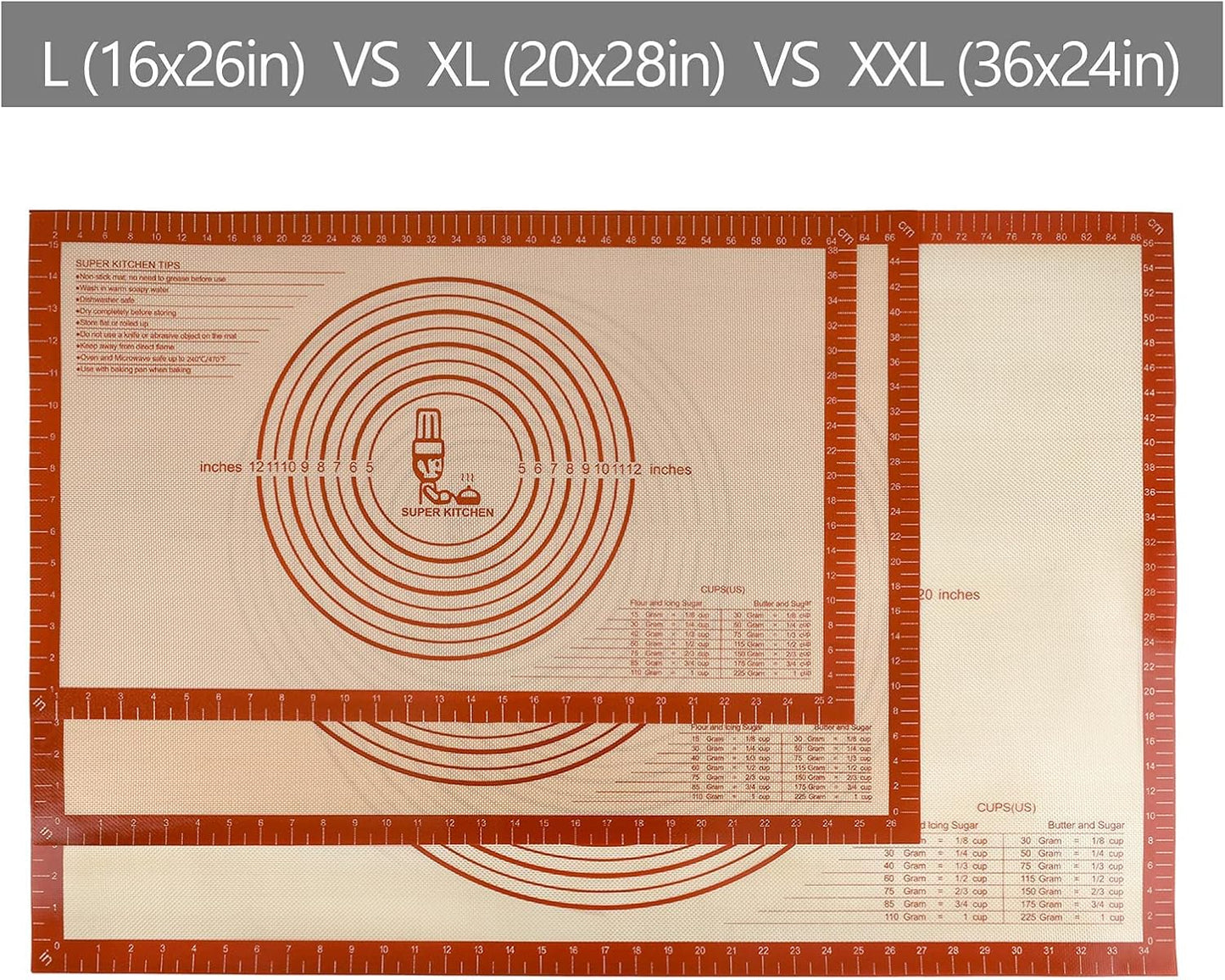 Non-slip Silicone Pastry Mat Extra Large with Measurements 36''By 24'' for Baking Mat, Counter/Dough Rolling/Oven Liner/Fondant/Pie Crust（Red）