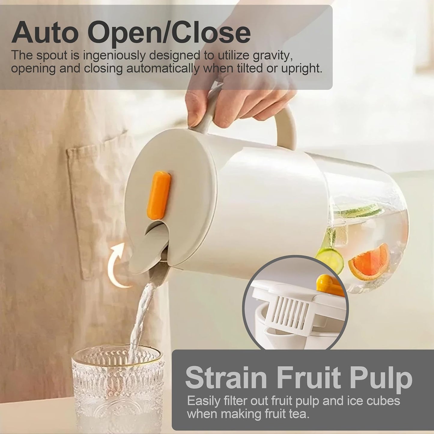 Delove Borosilicate Glass Pitcher with Lid & Auto Spout – Shatterproof Plastic Shell, Wide Mouth Design – 62 oz (1.9 Quart) Jug for Cold/Boiling Water, Iced Tea, Juice (1, Beige)