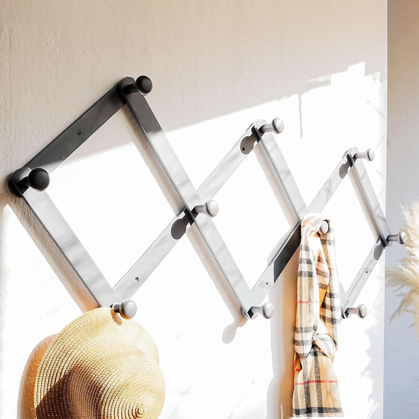 Dseap Expandable Coat Rack (Larger Version) - 24” High, Anti-Slip, Ultra Heavy Duty Wooden Accordian Wall Hanger with 10 Study Peg Hooks for Clothing Hats Jackets Bags, Grey