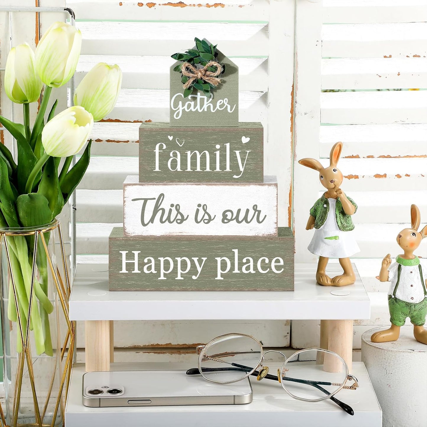 Farmhouse Table Decor Eucalyptus Leaves Wooden Block Sign Gift Gather Family This Is Our Happy Place Tabletop Centerpieces Rustic Decorations for Home Kitchen Shelf Desk Tiered Tray Decor