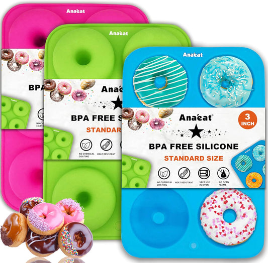 Anaeat 3 Pack Donut Pan Silicone Baking Mold, Just Pop Out! Non-Stick Doughnuts Baking Pans BPA Free for 6 Full-Size Donuts, Muffin, Cake Biscuit Bagels - Oven & Dishwasher Safe (Multicolor)