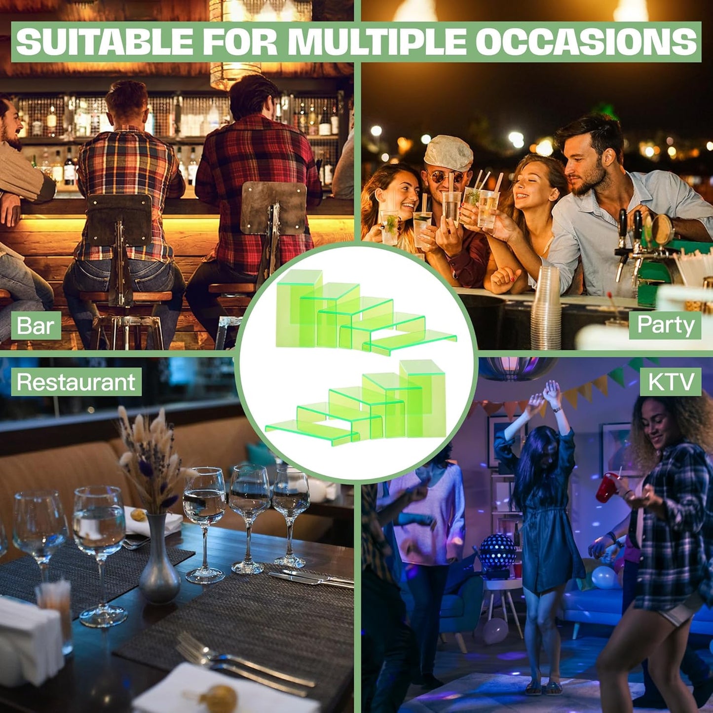 Goabroa Acrylic Display Risers, 2 Sets 10 Pcs Perfume Stand Organizer, Rectangular Acrylic Display Shelves for Figures, Cupcake, perfume, Wine Glass and Handbag, Transparent Green