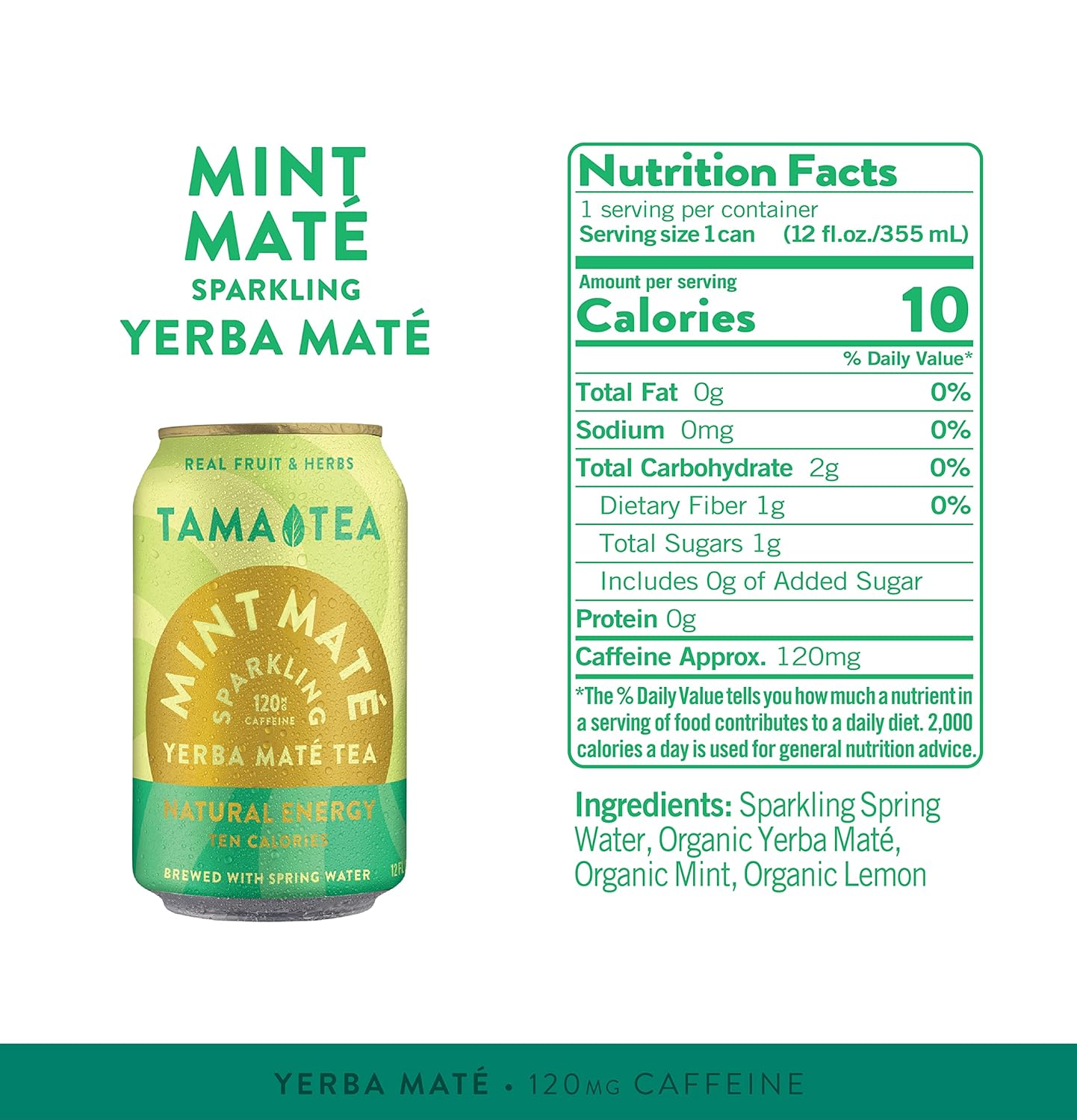 Sparkling Mint Yerba Mate by Tama Tea - Unsweetened Natural Energy Drink with Real Fruit & Herbs - Healthy Caffeine Drink Alternative - 120mg of Brain-Boosting Caffeine, 10 Calories - 12oz Pack of 12