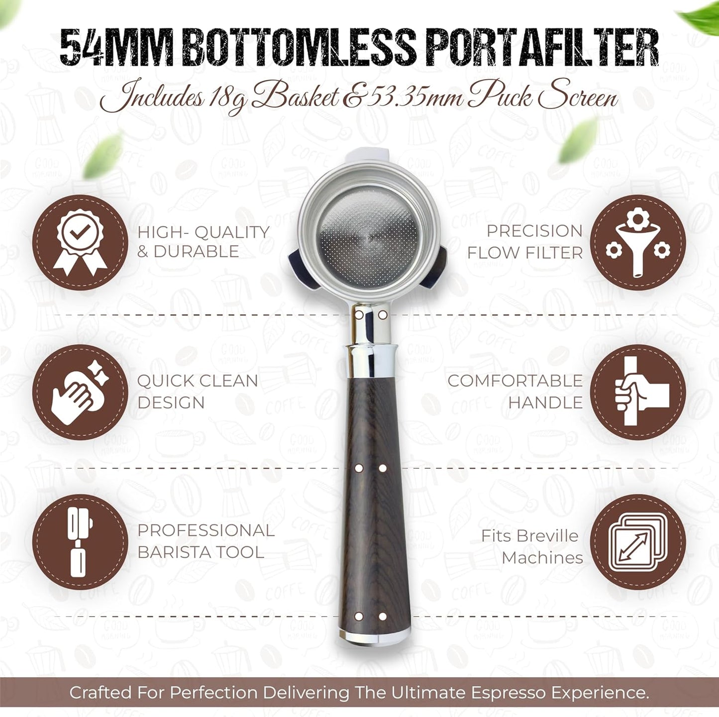 54mm Espresso Bottomless Portafilter 3 Ears Black Rosewood Handle – Fits 54mm Breville Espresso Machine – Includes Stainless Steel 18g Filter Basket & 53.35mm Espresso Puck Screen, 0.9mm 150μm