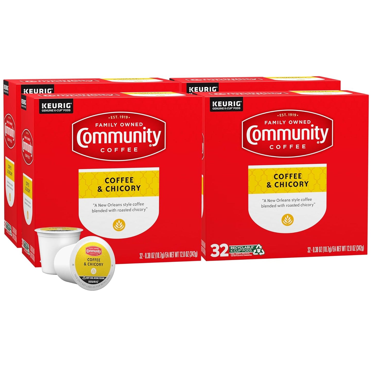 Community Coffee and Chicory, Medium-Dark Roast, Single-Serve Keurig K-Cup Pods, 32 Count (Pack of 4)