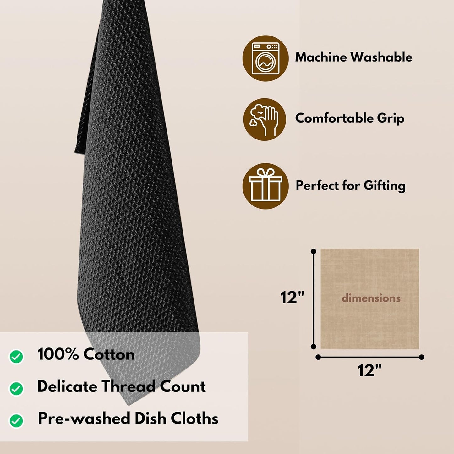 Native Fab 12 Pack Cotton Dish Cloths - Absorbent, Quick Drying, Washable, Durable Towels for Cleaning, Cooking & Baking - Perfect for Everyday Use, Home, Bars, Restaurants - 12x12 Inches - Black