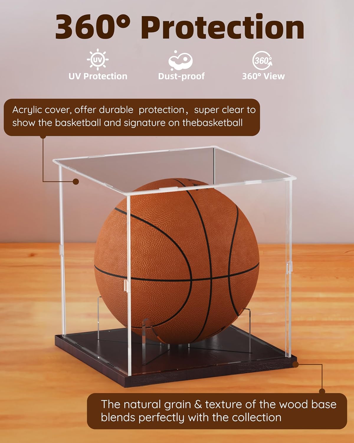 Basketball Display Case Acrylic Clear, UV Protected Basketball Stand Box Full Size with Solid Wood Base, Soccer Display for Autographed Standard NBA WNBA Ball Memorabilia Keepsake, Ideal Gift