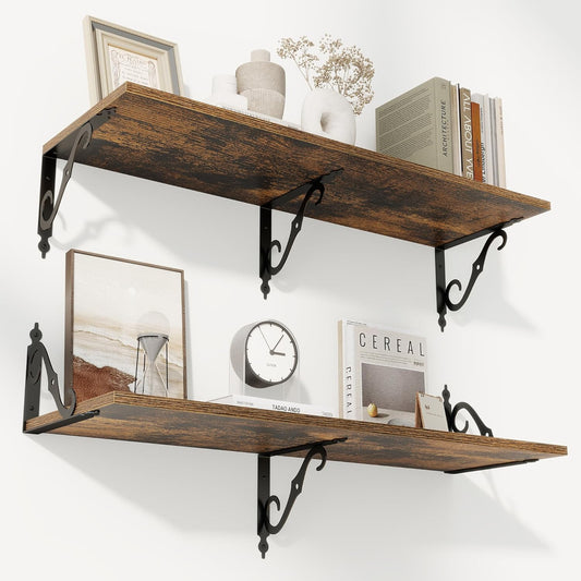 RICHFOCUS 12 Inch Deep Floating Shelves for Wall, 36" W x 12" D Wood Wall Shelves Set of 2, Wide Floating Shelves for Living Room, Bedroom, Kitchen, Bathroom and Decor Storage, Rustic Brown