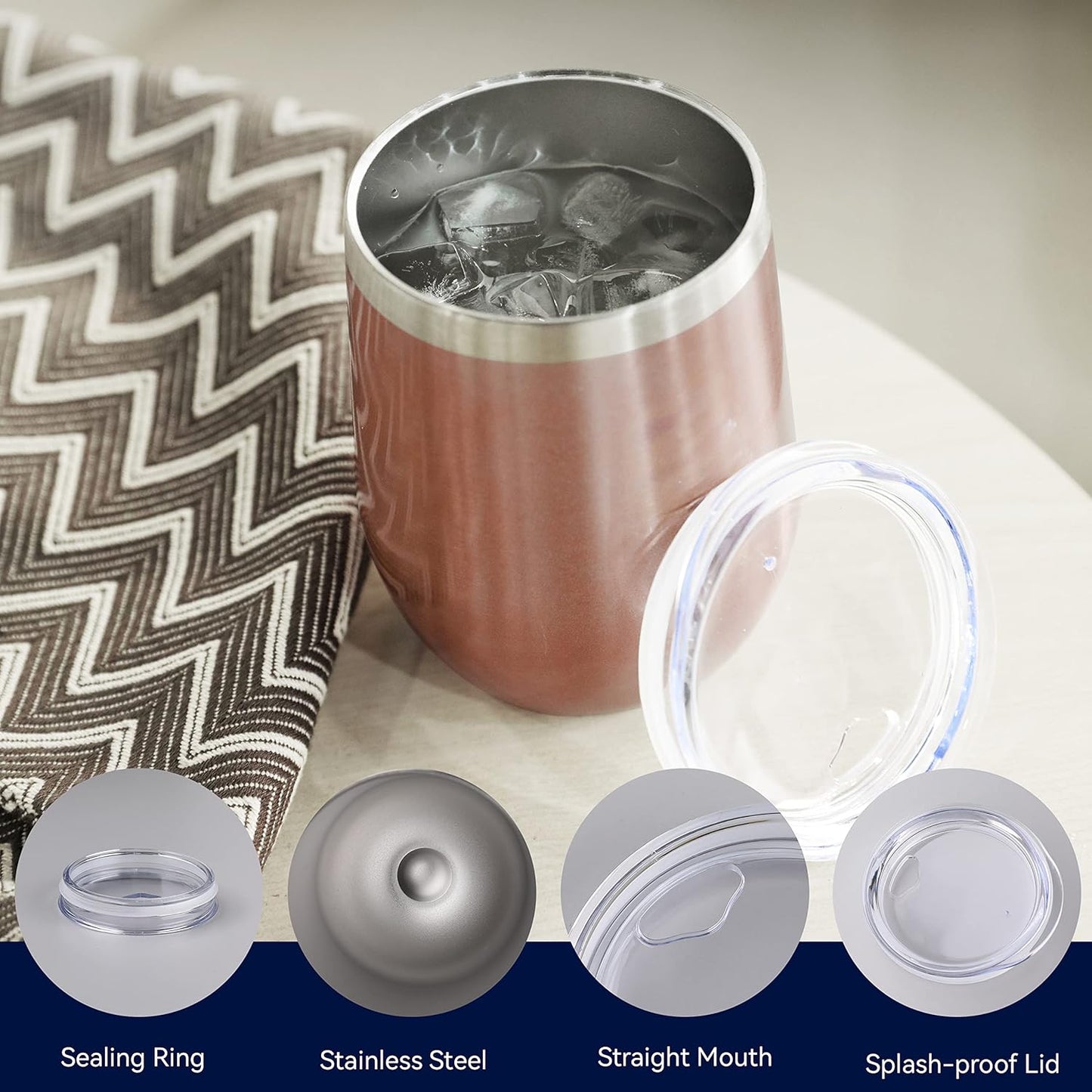 DOMICARE Stainless Steel Wine Tumbler Bulk with Lid, Personalized Rose Gold Insulated Tumblers Set, 12oz Travel Coffee Cups Pack of 8