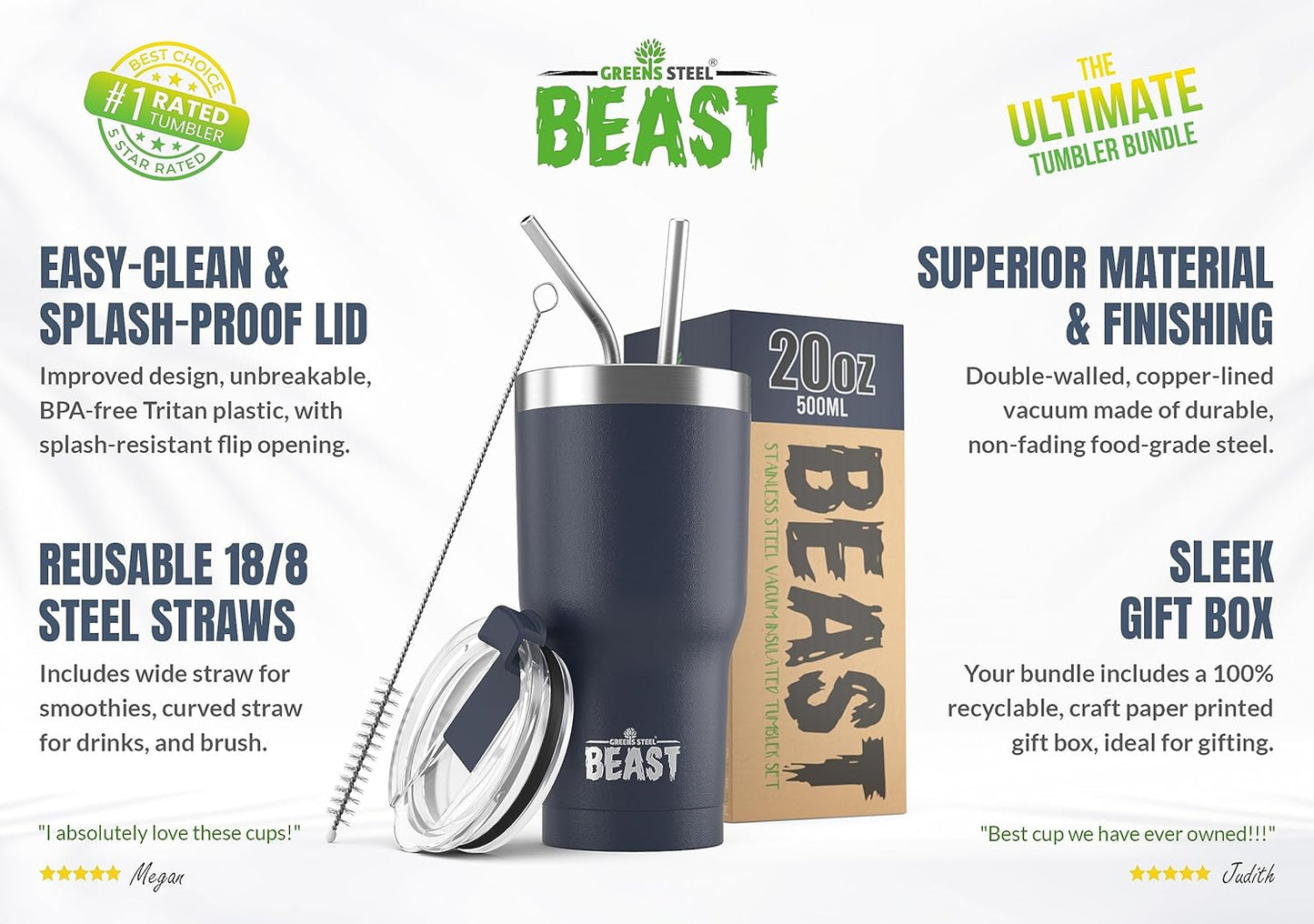 Beast 20 oz Tumbler Stainless Steel Vacuum Insulated Coffee Ice Cup Double Wall Travel Flask (Navy Blue)