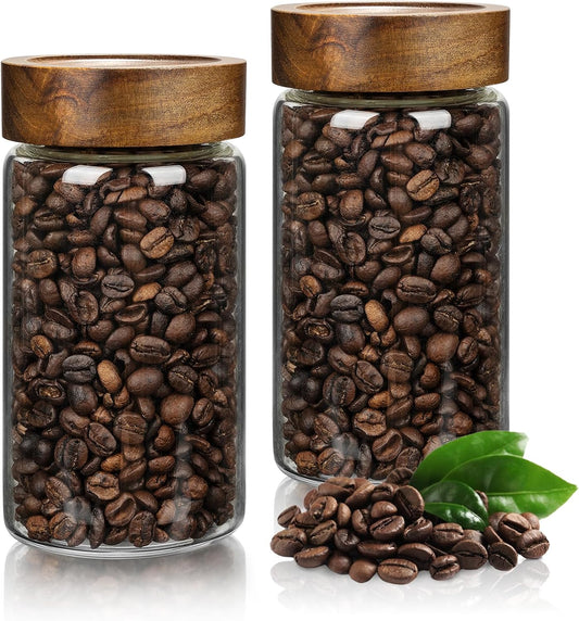 2PCS Small Glass Storage Jars with Airtight Lids, 19.3 fl oz (560ml) coffee container with Wooden Lid, Glass Pantry Canister for Beans, Rice, Sugar and etc