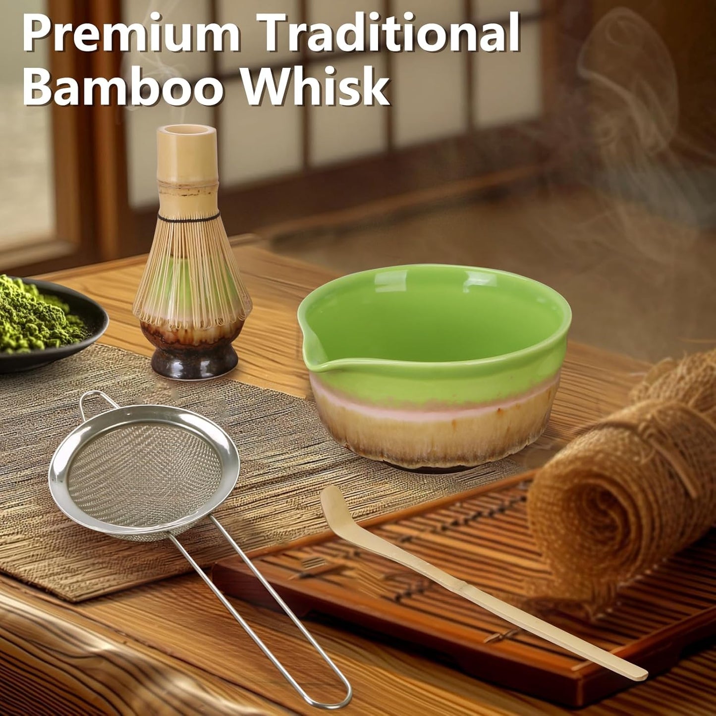 Matcha Whisk Set,Bamboo Chasen Whisk,Green Matcha Bowl with Spout, Chashaku Scoop, Sifter,Matcha Whisk and Holder – 5 PCS Matcha Kit for Matcha Lovers Making Latte Drinks,Gift for Starters Lovers