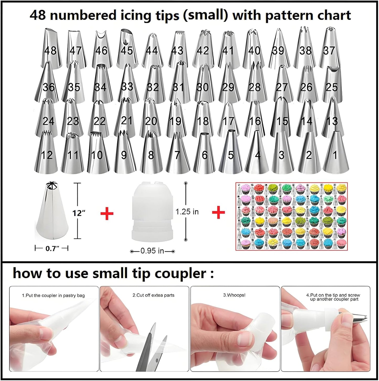 130 Pcs Piping Bags and Tips Set with 48 Numbered Icing Tips,7 Russian Tips,1 Ball Tip,2 Leaf Tips,Pattern Chart,8 Carved Pens,4 Couplers,6 Ties,50 Disposable Pastry Bags for Cake Decorating