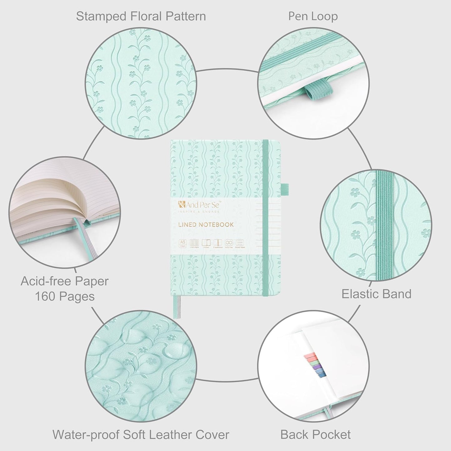 &And Per Se Lined Journal Notebook for Women&Men with Pattern, 160 Pages 100GSM Thick Paper, A5 Hardcover Journals for Writing(1 Pack, Light Blue)