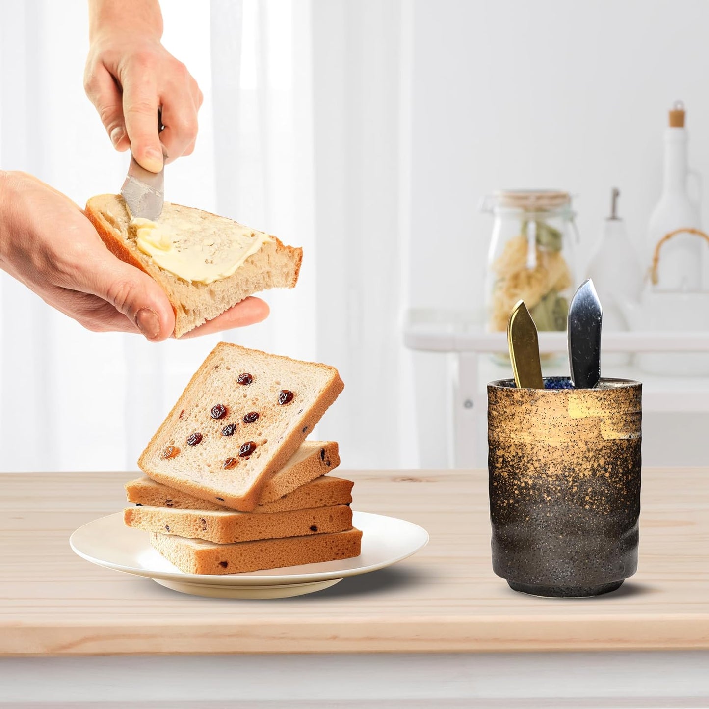 Ceramic Spoon Holder for Coffee Bar, Upright Tea Spoon Holder Cup, Coffee Stirrers Straws Stir Stick Holder, Blue Strips