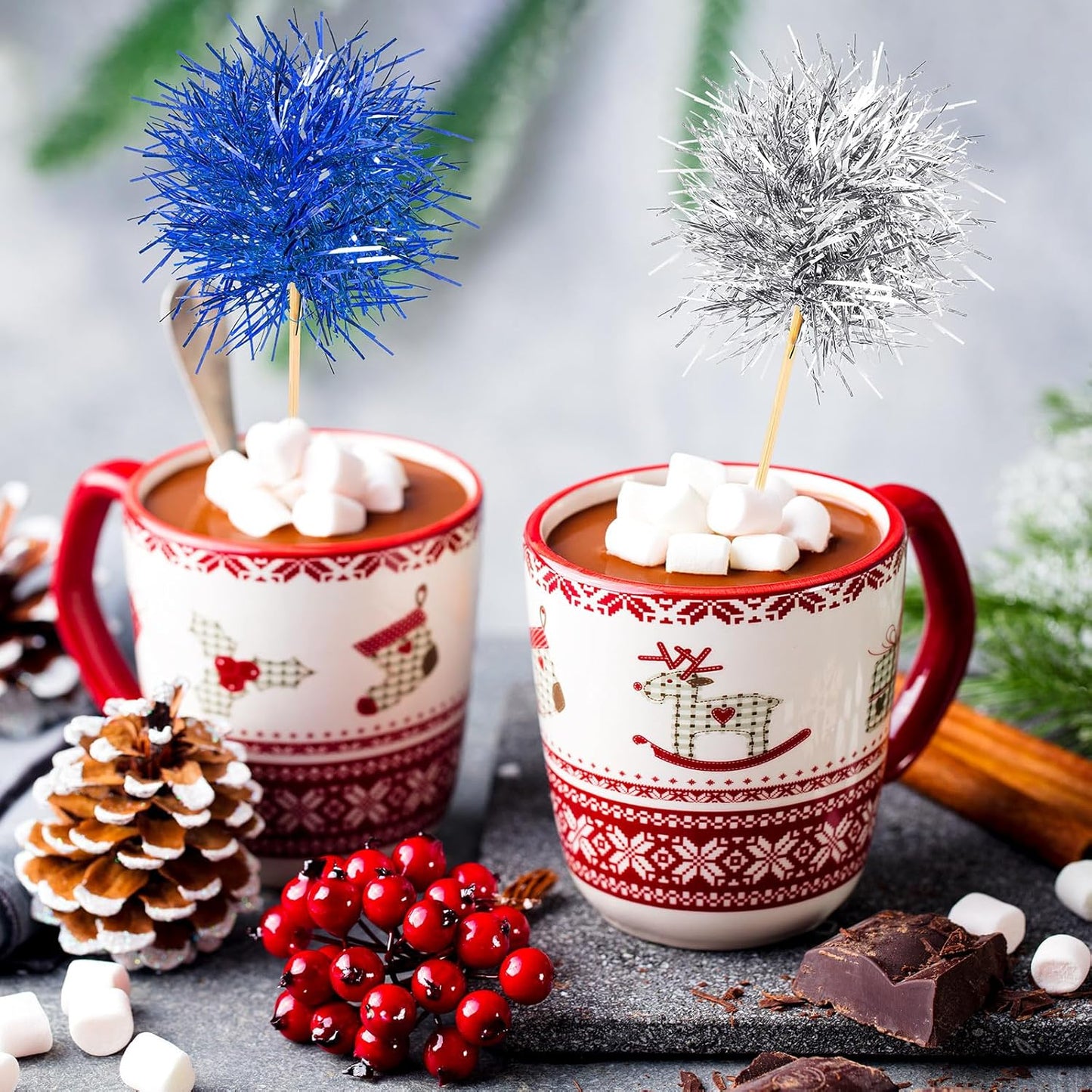 Chinco 100 Pcs Foil Firework Cupcake Toppers Sparkle Tinsel Cake Toppers Cake Decoration Cocktail Fruit Toothpick for Birthday Wedding Graduation Party(Dark Blue, Light Blue, Silver)