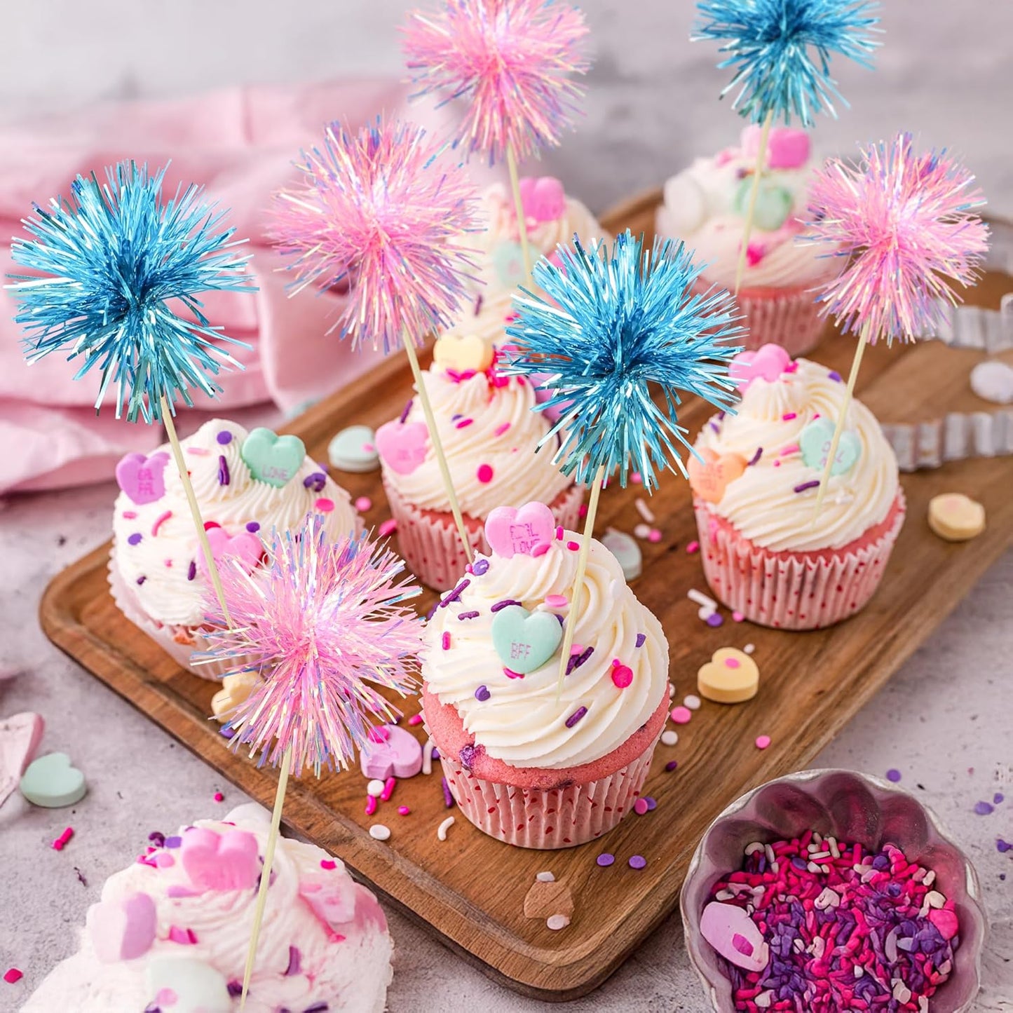 Ephlyn 30Pcs Foil Firework Cupcake Toppers Sparkle Tinsel Cupcake Picks Happy Birthday Cake Decorations Drink Stirrers Cocktail Food Toothpicks for Baby Shower Graduation Party Supplies Blue Pink