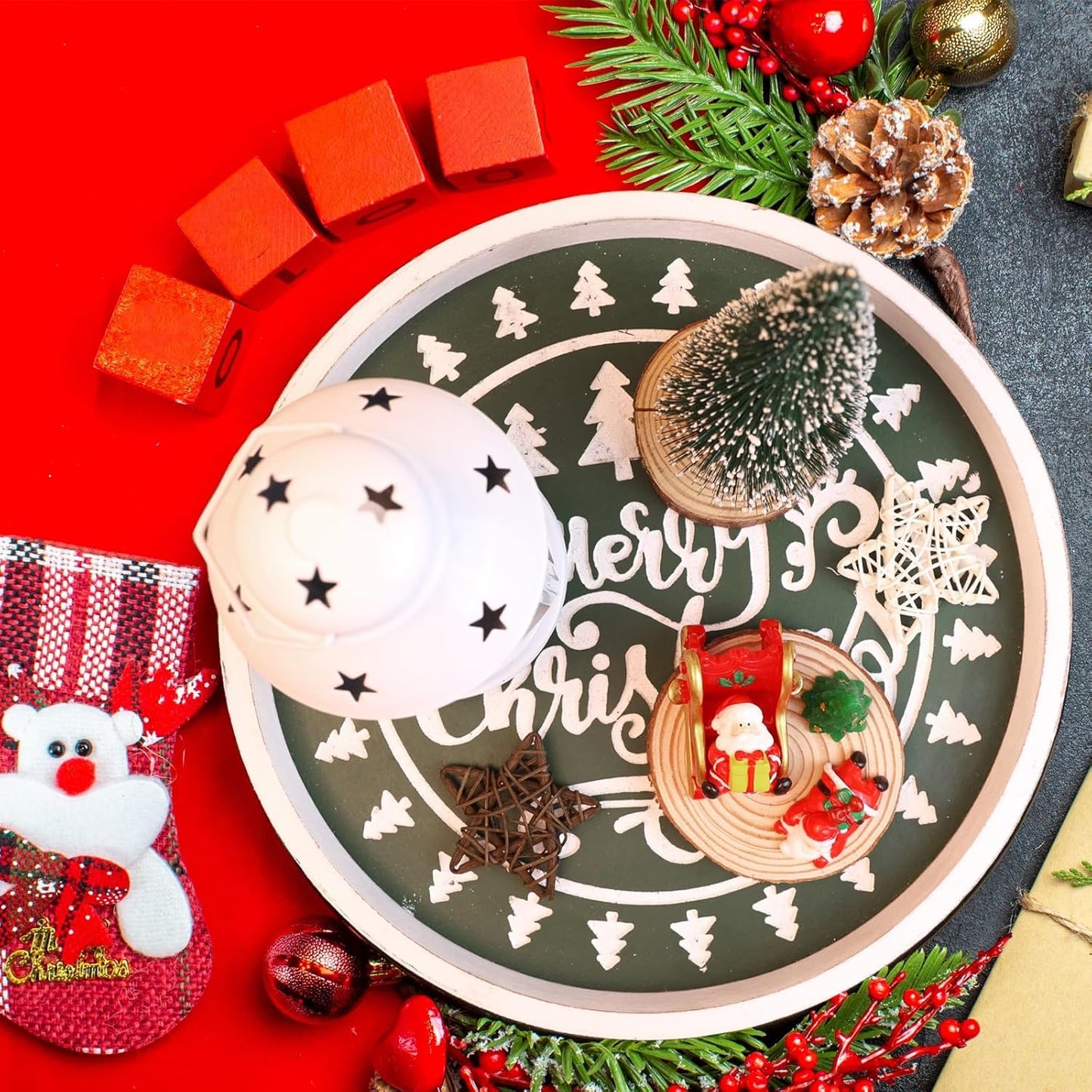 Christmas Wood Decorative Ottoman Tray for Coffee Table Kitchen Counter, Living Room, Round Handcrafted Green Wooden Serving Tray for Table Centerpiece