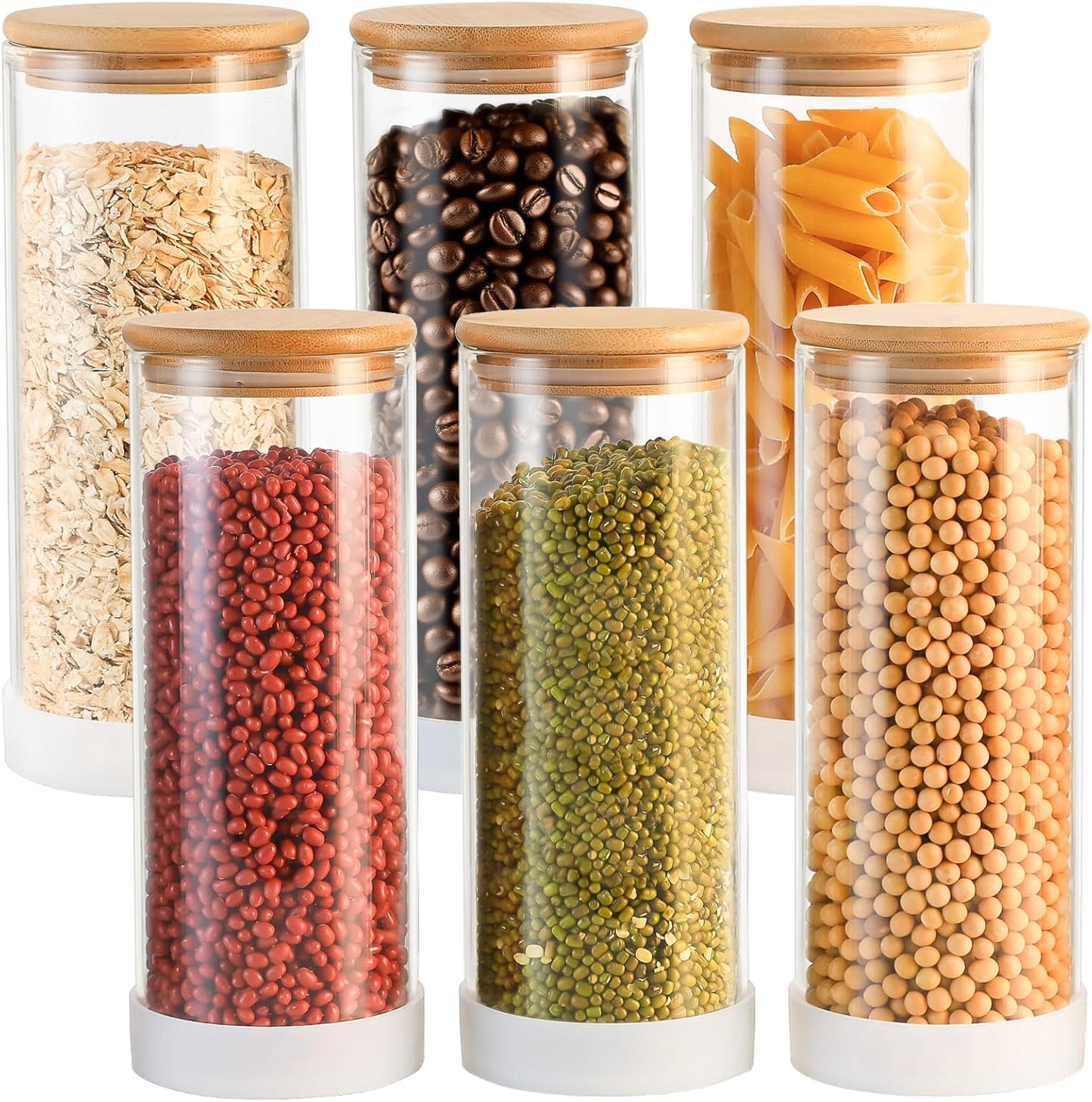 34oz Round Glass Storage Containers with Bamboo Lids – 6 Pack Clear Food Airtight Glass Jars for Pantry Organizers and Storage, Kitchen Dry Food, Flour, Cereal, Coffee Beans & Staples