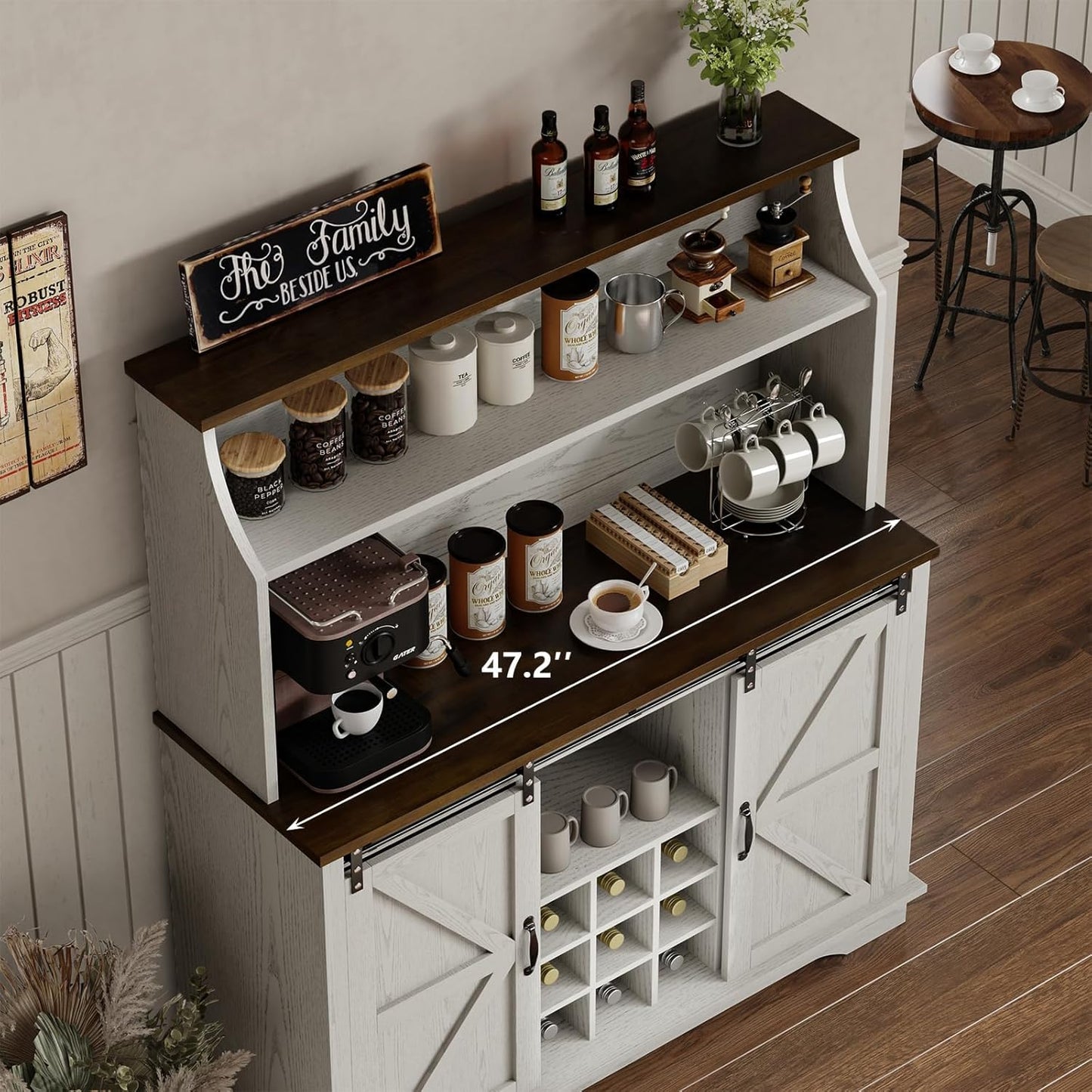 47 Inch Farmhouse Coffee Bar Cabinet with 3-Tier Storage, Kitchen Hutch with 9 Wine Racks & 3 Glass Holders, Coffee Bar with 6 Hooks, Wine Bar Cabinet for Dining Living Room, White