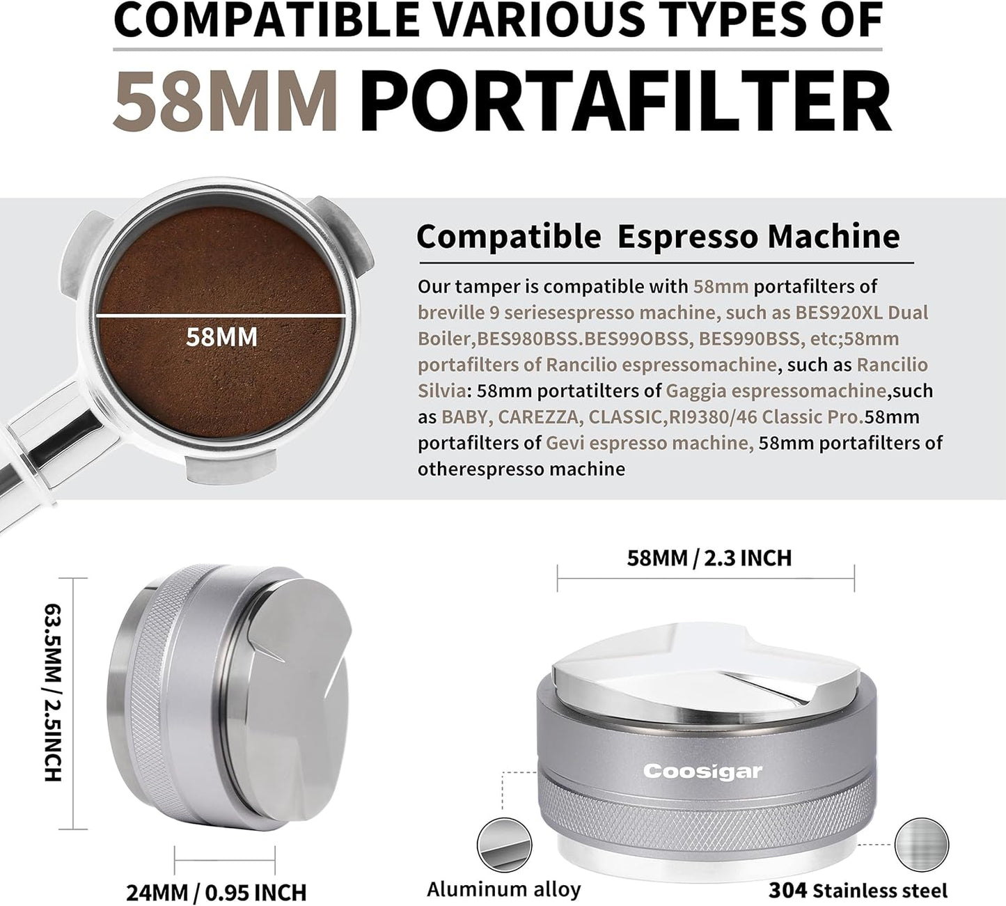 58mm Coffee Distributor and Tamper,Dual Head Coffee Leveler Fits for Gaggia E61 58mm Portafilter,Professional Espresso Hand Tamper.(Silver)