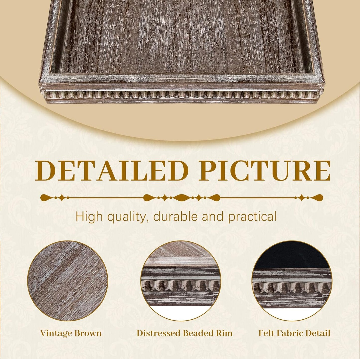 MAONAME Wood Serving Tray, Farmhouse Wooden Tray for Coffee Table, Rustic Square Trays with Beads, Vintage Brown Decorative Trays for Living Room, Kitchen, 12" X 12" X 1.6"