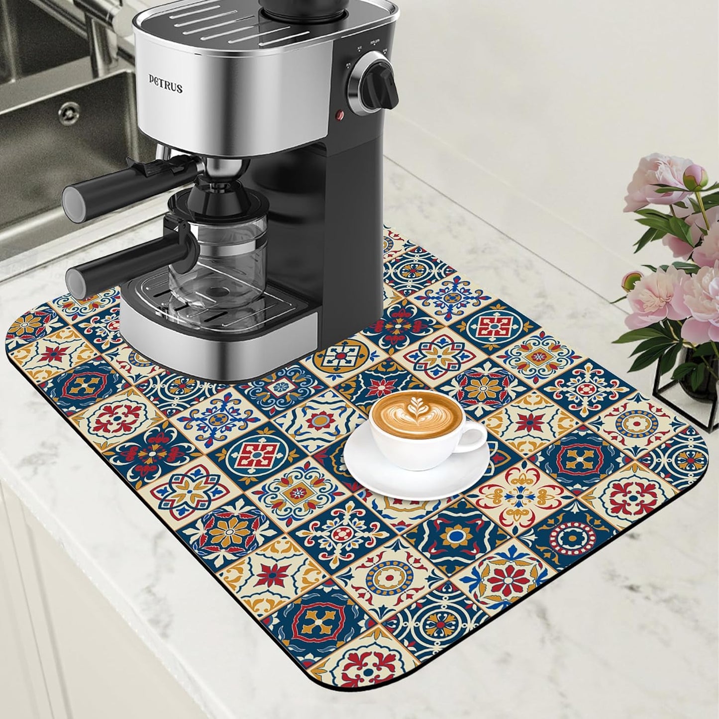 Dish Drying Mat Moroccan Tile Coffee Bar Mat for Countertop Absorbent Rubber Backed Hide Stain Dish Drainer Rack Pad Coffee Maker Espresso Machine Dining Room Decoration 11.8 x 19.7 Inch