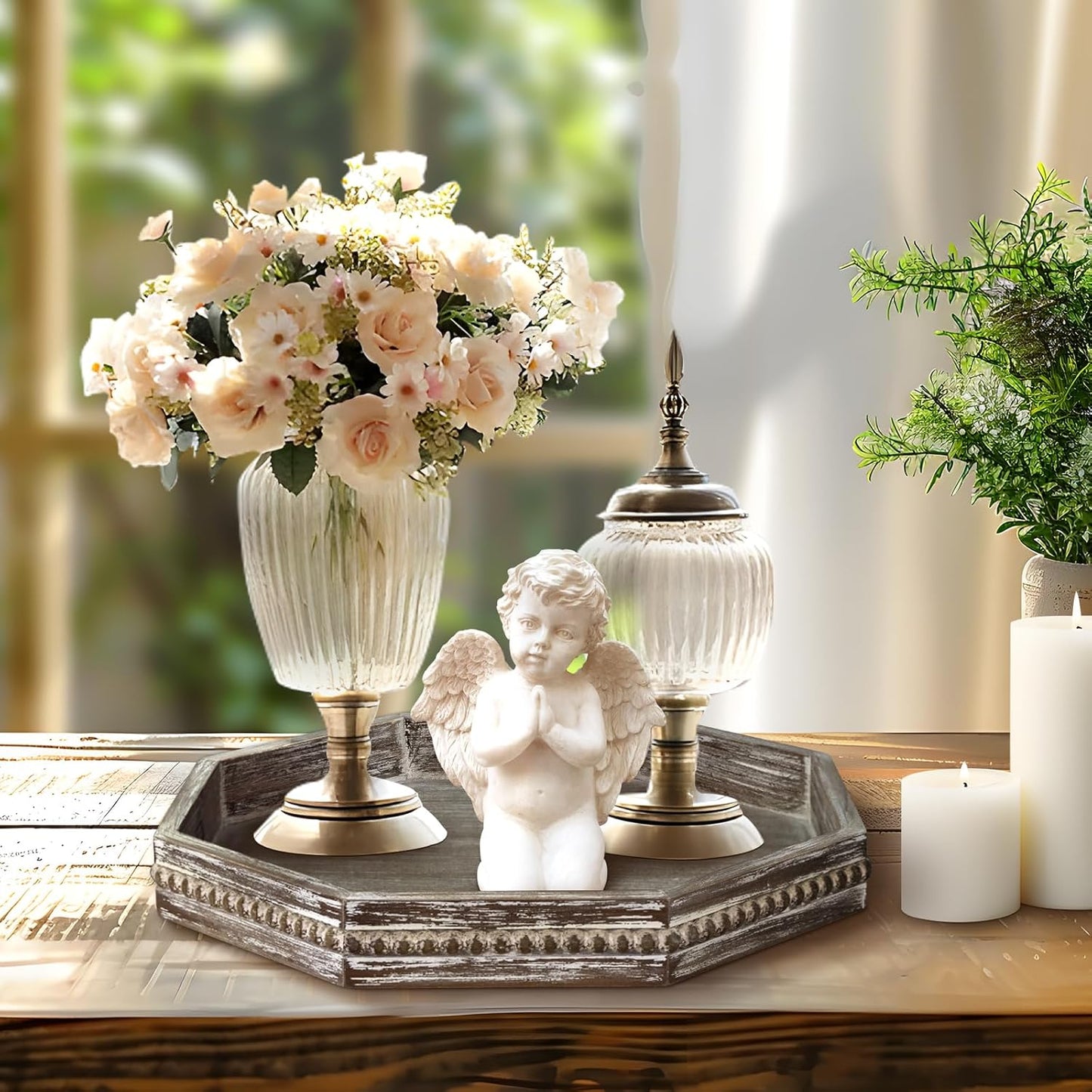 Wooden Decorative Tray, Small Serving Tray with Wood Bead, Farmhouse Big Tray for Ottoman, Countertop, Coffee Tabl, 13" x 13"x 1.6" (Retro Brown)