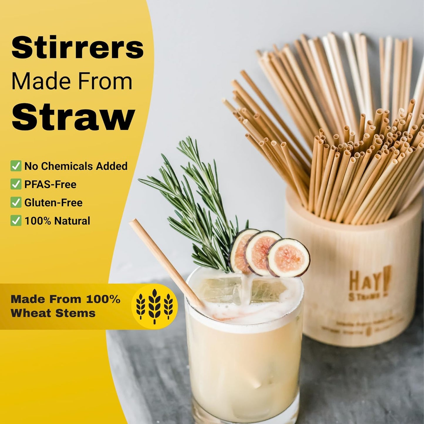 HAY! Stir, Natural coffee stir sticks, fully compostable made from wheat stems, our stir sticks are ideal for hot and cold beverages, 7.75'' pack of 500.